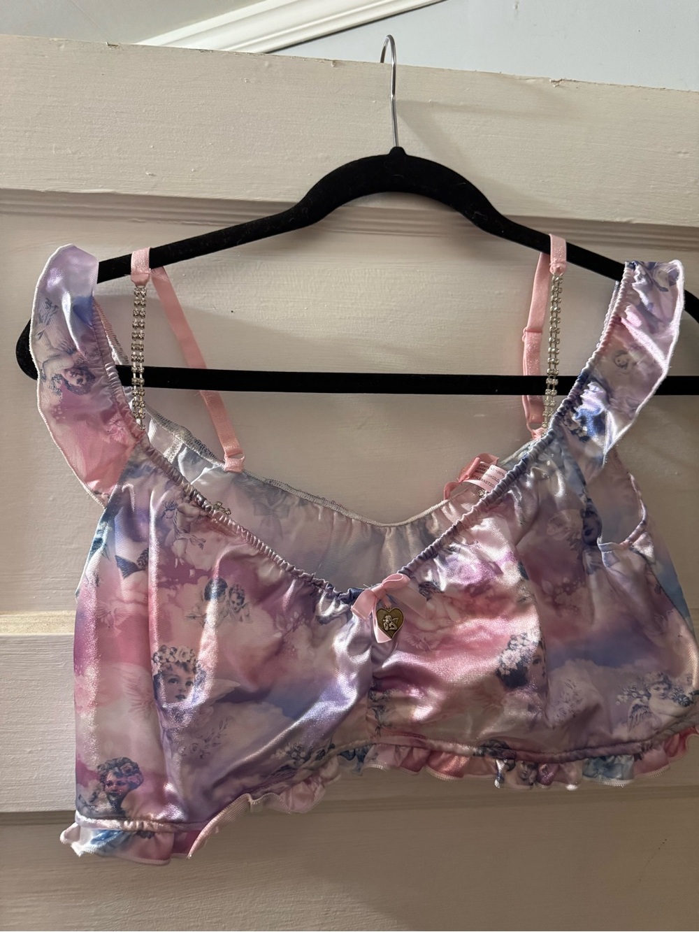 Satin Angel Print Bra Top with Rhinestone Straps